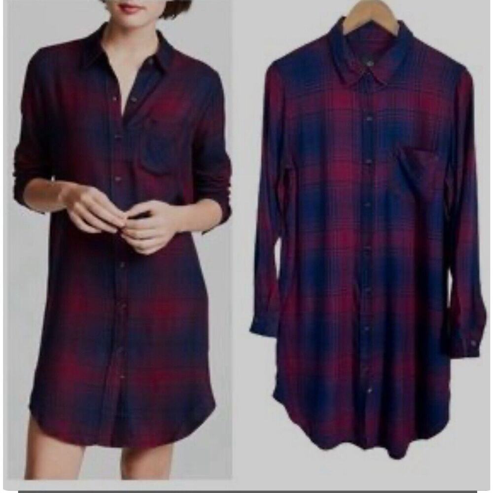 Rails Bianca Plaid Flannel Button‎ Down Shirtdress Size XS Current/Navy. Rayon
